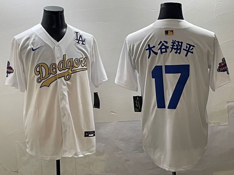 Men Los Angeles Dodgers 17 Ohtani White Champion gold character 2025 Nike MLB Jersey style 3315